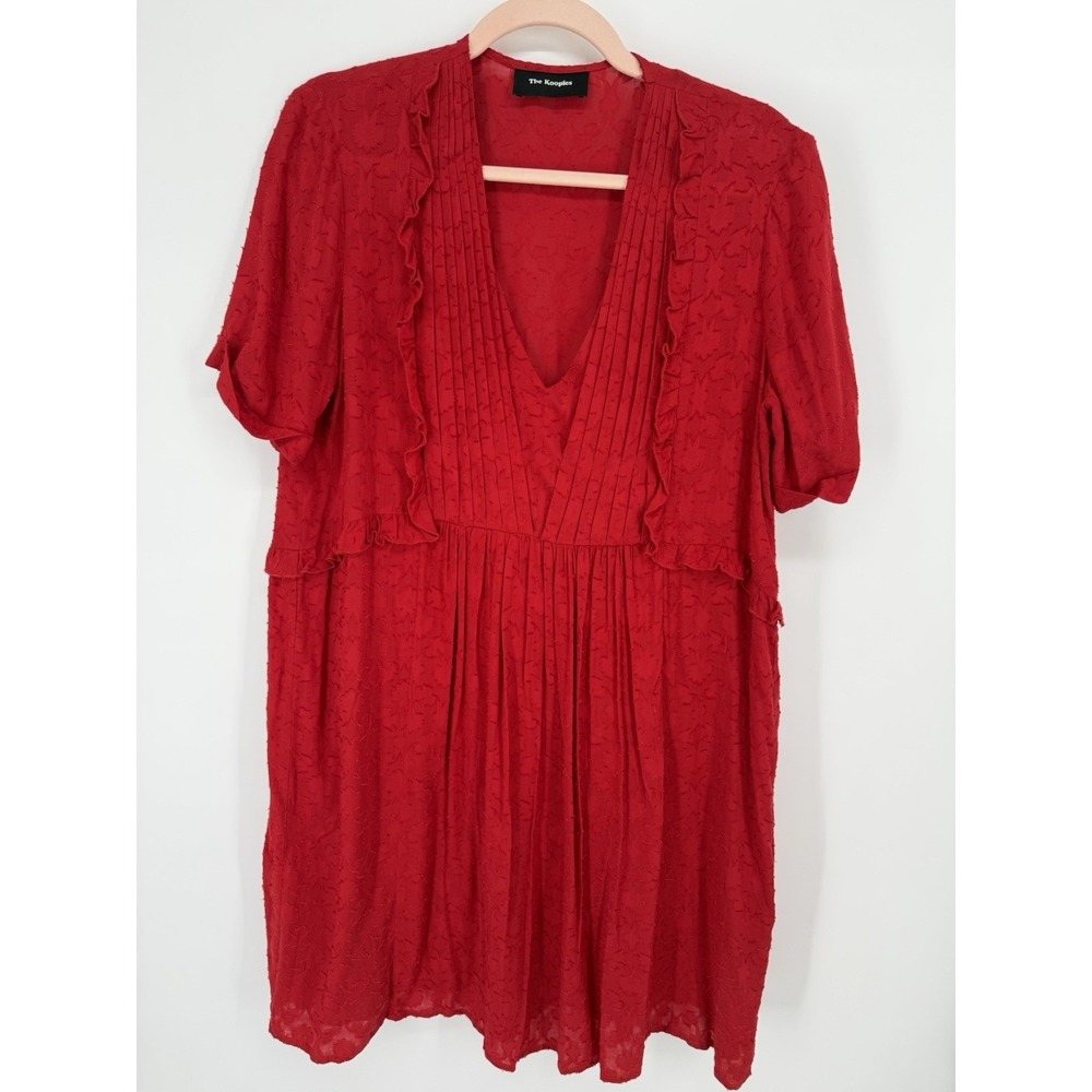 The Kooples Red Pleated‎ V-Neck Mini Babydoll Dress Ruffle Trim A-Line Boho LG